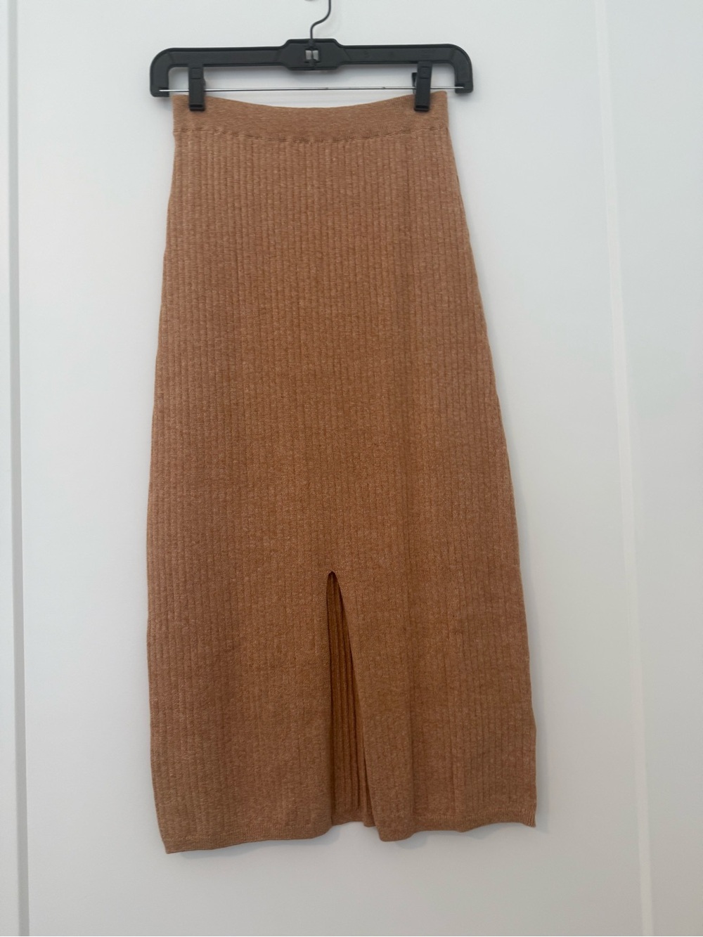Free People Camel Ribbed Midi Skirt with Front Slit